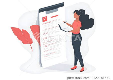 Woman reviewing document on clipboard with check mark and coral Woman reviewing document on clipboard with check mark and coral 127181449
