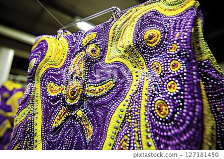 Intricate beaded fabric with swirling yellow patterns on vibrant 127181450