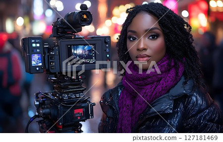 Focused filmmaker with professional camera and purple scarf in b 127181469