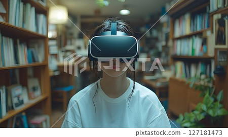 Immersive Library: Young Woman Exploring Virtual Reality Amidst 127181473
