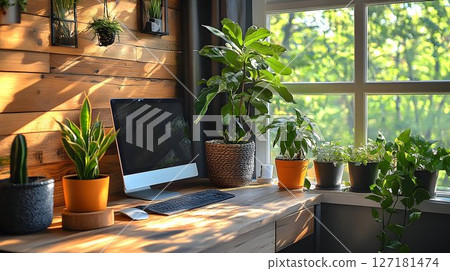Sun-Drenched Home Office with Plants, Wooden Desk, and Natural L 127181474