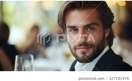 Portrait of a handsome man with a beard in a suit at a restauran 127181478