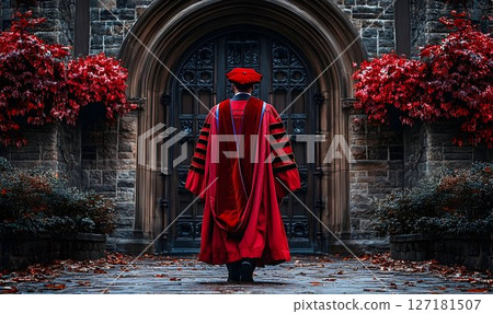 Graduate in Red Gown Approaches Ornate Stone Doorway with Autumn 127181507