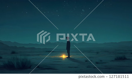 Solitary figure gazes at a distant light under a starry night sk 127181511