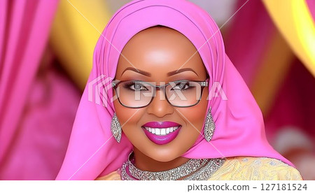 Smiling woman with pink hijab, glasses, and jewelry against a co 127181524
