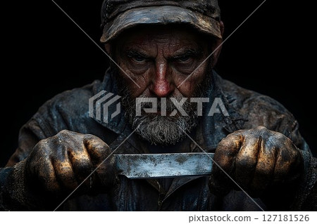 Intense gaze of a weathered man holding a worn blade in the dark 127181526