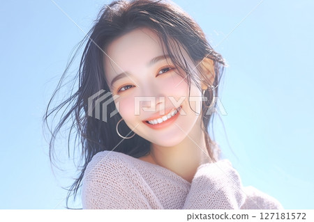 "AI generated image" of a beautiful woman with black hair and blue sky "AI generated image" of a beautiful woman with black hair and blue sky 127181572