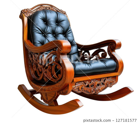 Elegant vintage rocking chair with intricate wood carvings and plush upholstery 127181577