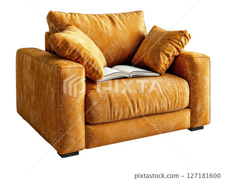 Cozy orange armchair with plush cushions and open book resting on it 127181600