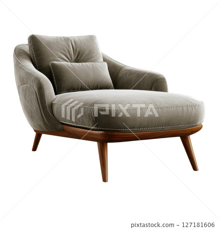 Luxurious chaise in soft gray suede with elegant stitching and wooden legs 127181606