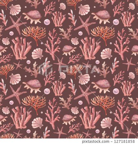 Watercolor seamless pattern with underwater world on brown background kids baby cute textile. Corals, shells, starfish, pearls in textile pattern in beige, pink colors. 127181858