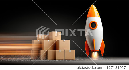 Rocket with orange accents launches beside stacked cardboard packages, symbolizing fast delivery and express shipping service 127181927