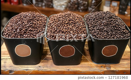 Three Black Containers Filled with Varied Roasts of Coffee Beans 127181968