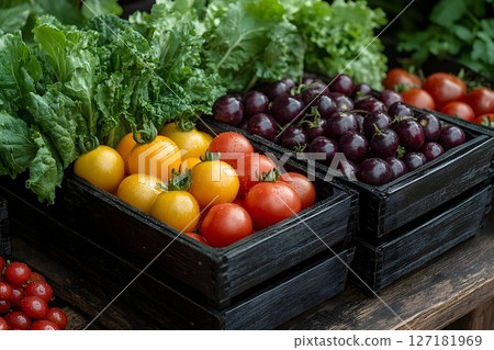 Freshly Harvested Heirloom Tomatoes and Eggplants Displayed in R Freshly Harvested Heirloom Tomatoes and Eggplants Displayed in R 127181969
