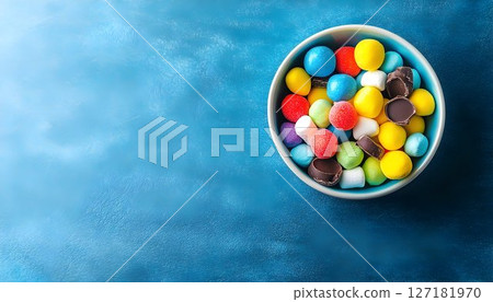 Colorful Candy Bowl with Marshmallows and Chocolate on a Texture 127181970