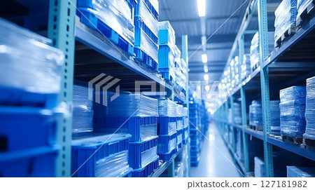 Warehouse aisle with blue plastic containers stacked on metal sh 127181982