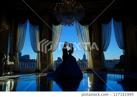 Silhouetted Newlyweds Embrace Against a New York City Skyline at 127181995