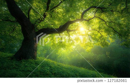 Sunlight Streams Through Lush Green Canopy of Ancient Forest Tre 127182081