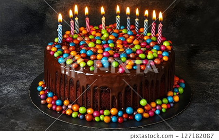 Vibrant Birthday Cake with Drizzled Chocolate and Colorful Candi 127182087