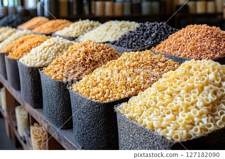 Close-up View of Various Types of Pasta in Baskets 127182090
