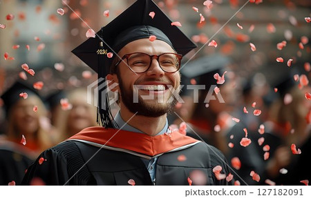 Joyful Graduate Celebrates with Falling Petals 127182091
