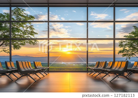 Tranquil Airport Waiting Area at Sunrise with Panoramic Views 127182113