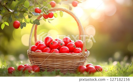 Abundant Harvest: Red Plums Overflowing from Woven Basket in Sun 127182156