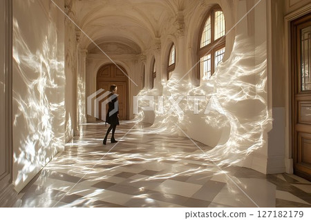 Ethereal Hallway: Woman in Black Dress Bathed in Refracted Light Ethereal Hallway: Woman in Black Dress Bathed in Refracted Light 127182179