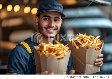 Smiling delivery man holding two boxes of golden french fries ne 127182241