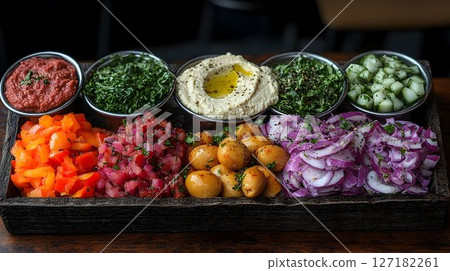 Vibrant Mezze Platter with Hummus, Herbs, and Colorful Vegetable 127182261