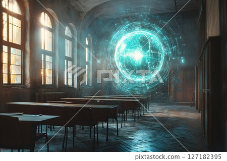 Empty Classroom with Holographic Earth Projection 127182395