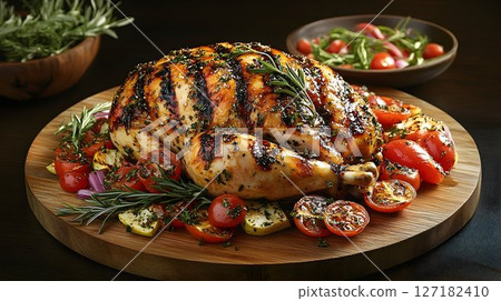 Roasted Chicken with Grilled Marks, Rosemary, and Tomatoes on a 127182410