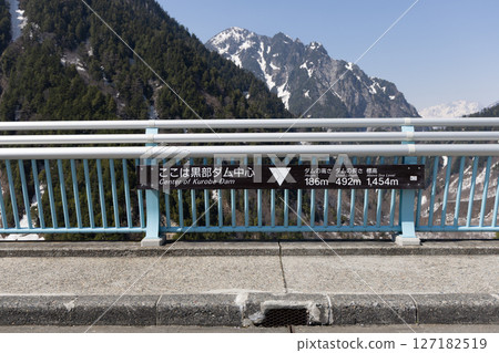 A signboard saying "This is the center of Kurobe Dam" 127182519