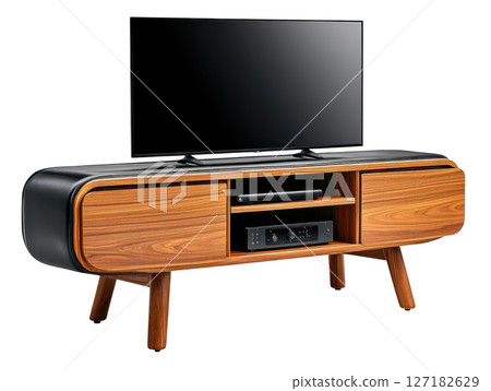 Contemporary media console with open shelving and wooden finish Contemporary media console with open shelving and wooden finish 127182629