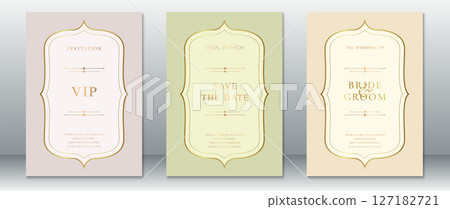 Pastel Wedding Invitation Set with Gold Ornate Frame on Soft Backgrounds Pastel Wedding Invitation Set with Gold Ornate Frame on Soft Backgrounds 127182721