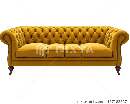 Luxurious tufted sofa in mustard yellow with elegant design and comfort 127182837