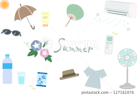 Summer heat stroke and UV protection illustration set 127182878