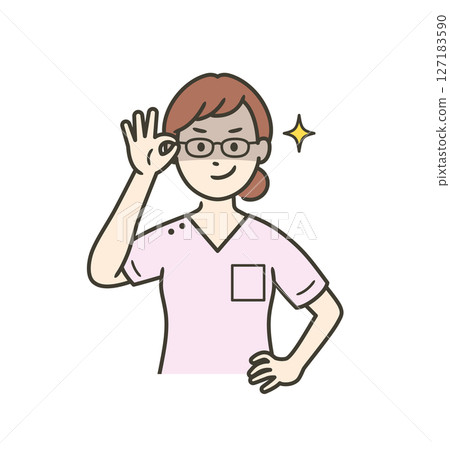 一位年輕的女牙醫舉起眼鏡，狡猾地笑 127183590