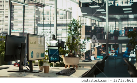 Financial charts and KPI metrics on displays in office, panning shot. Vibrant and collaborative modern workspace with computer screens displaying data analytics, panning shot Financial charts and KPI metrics on displays in office, panning shot. Vibrant and collaborative modern workspace with computer screens displaying data analytics, panning shot 127183661