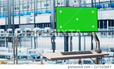 Chroma key monitor displaying industrial automation program overlooking industry 4.0 smart factory. Isolated screen display overseeing robotic arms, IoT connected machines and control system, close up Chroma key monitor displaying industrial automation program overlooking industry 4.0 smart factory. Isolated screen display overseeing robotic arms, IoT connected machines and control system, close up 127183667