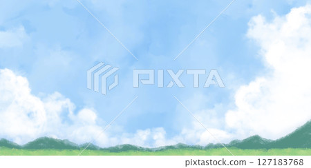 手繪插圖的積雨雲和藍天鄉村風景 127183768