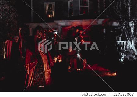 Spooky Halloween Yard Display with Skeletons, Pumpkins, and Haunted Figures 127183808
