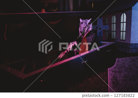 Haunted Carnival Yard with Scary Clowns and Halloween Decorations 127183822