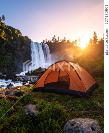 Camping tent in the forest with lake 127183901