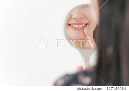 Female face parts reflected in the mirror 127184084