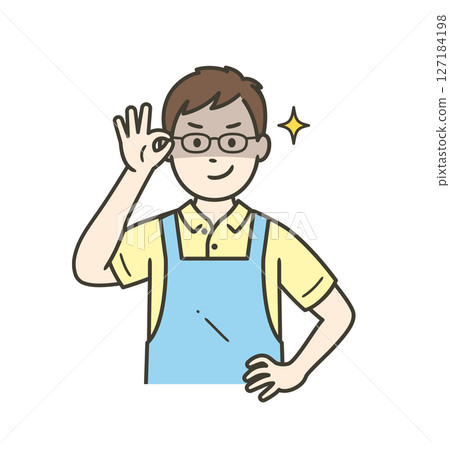 一位年輕的男性護理人員舉起眼鏡，狡猾地笑 127184198