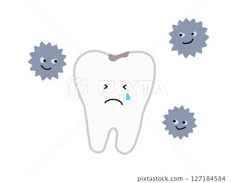 A crying tooth character with a cavity and tooth decay bacteria, with main line 127184584