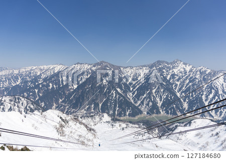 A beautiful winter view of Kurobe Dam and the majestic snow-covered mountains seen from near Kurobedaira Station on the Tateyama Ropeway 127184680