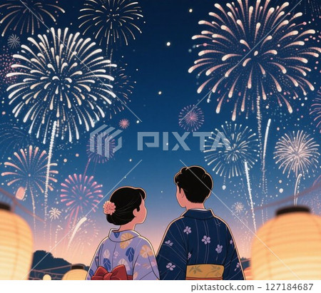 Summer memories: Fireworks that light up the summer night sky, Fireworks festival date, illustration Summer memories: Fireworks that light up the summer night sky, Fireworks festival date, illustration 127184687