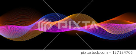 Smooth neon sound wave on black background. Abstract flowing wavy lines design for ai concept, eq equalizer, audio record, voice assistant. Blue pink orange gradient curve stripe wallpaper. Vector 127184705